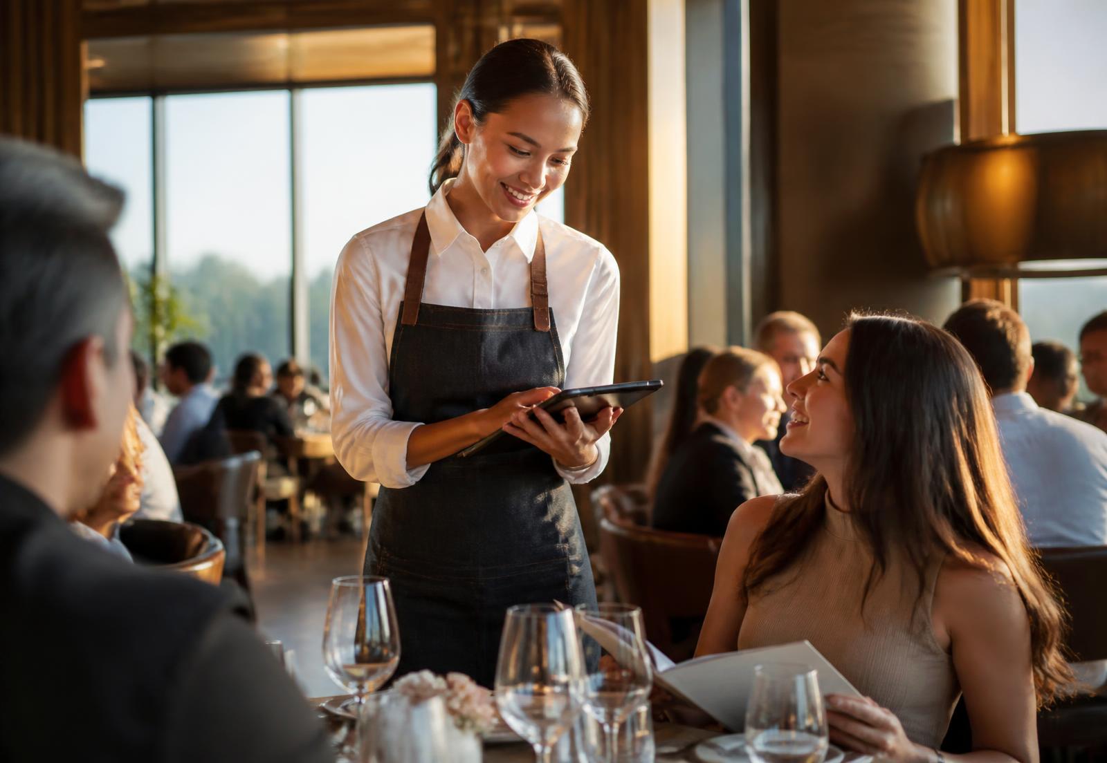 Server taking an order on a tablet point-of-sale in a modern upscale restaurant