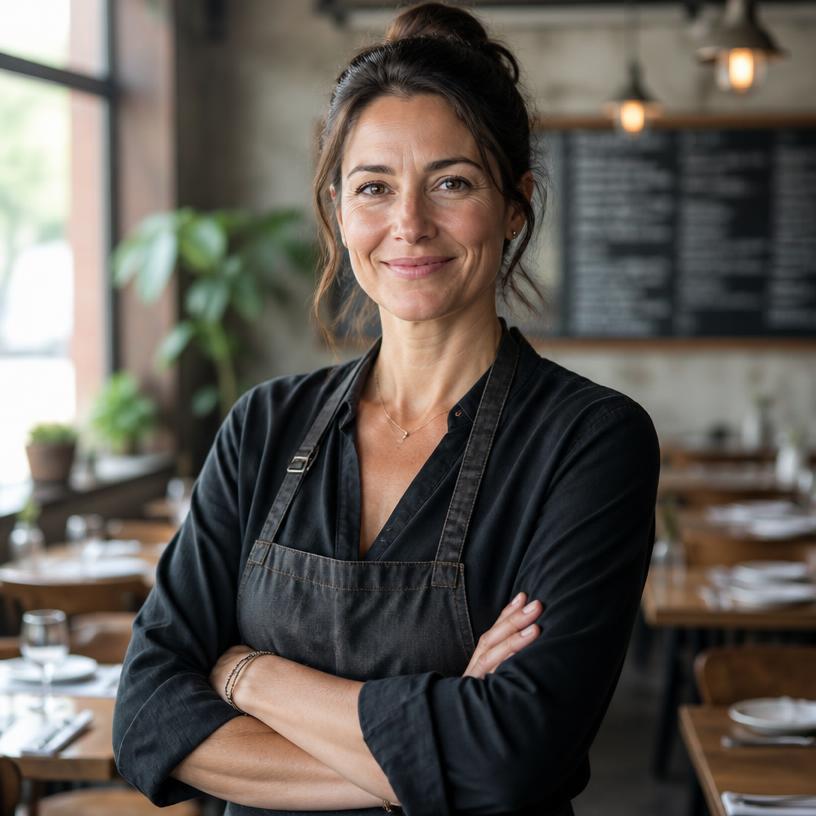 Independent restaurant owner standing in her dining room